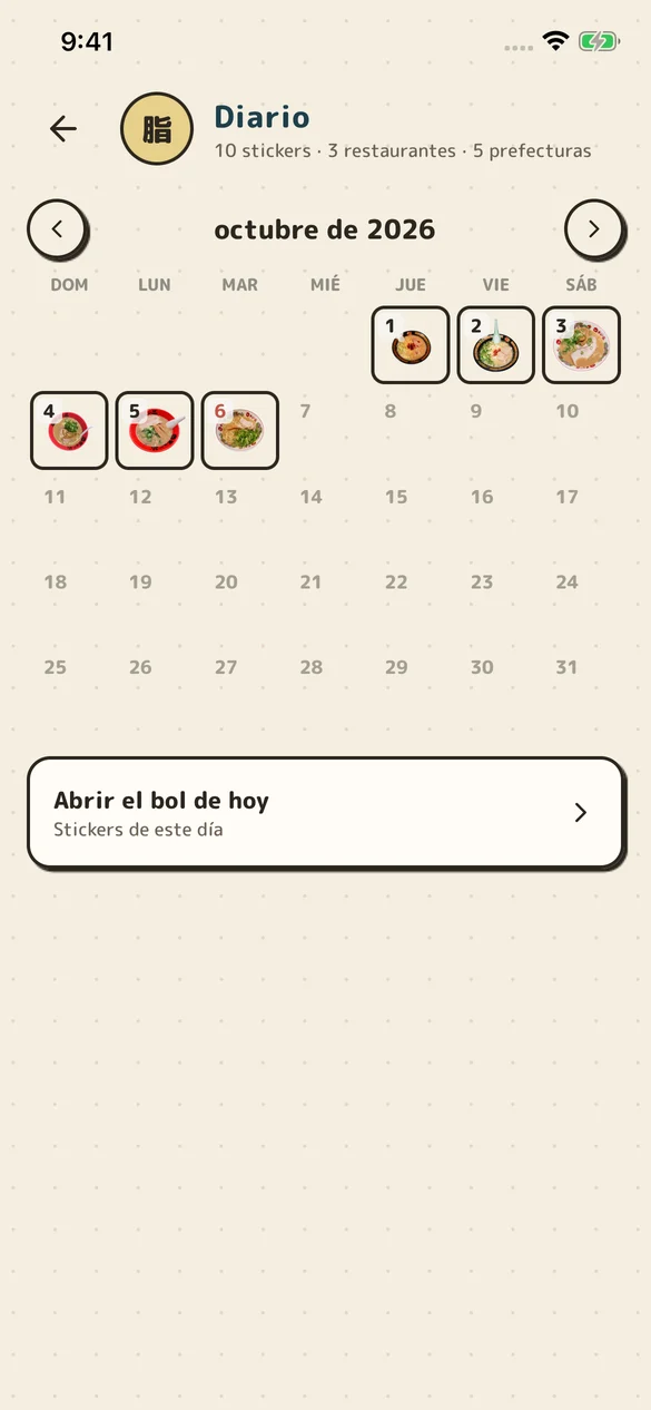 Pantalla de Calendario del diario de RAMEN TRIP