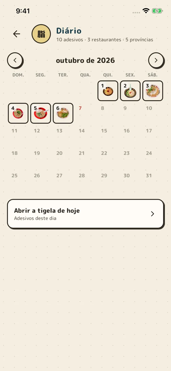Tela de Calendário do diário do RAMEN TRIP