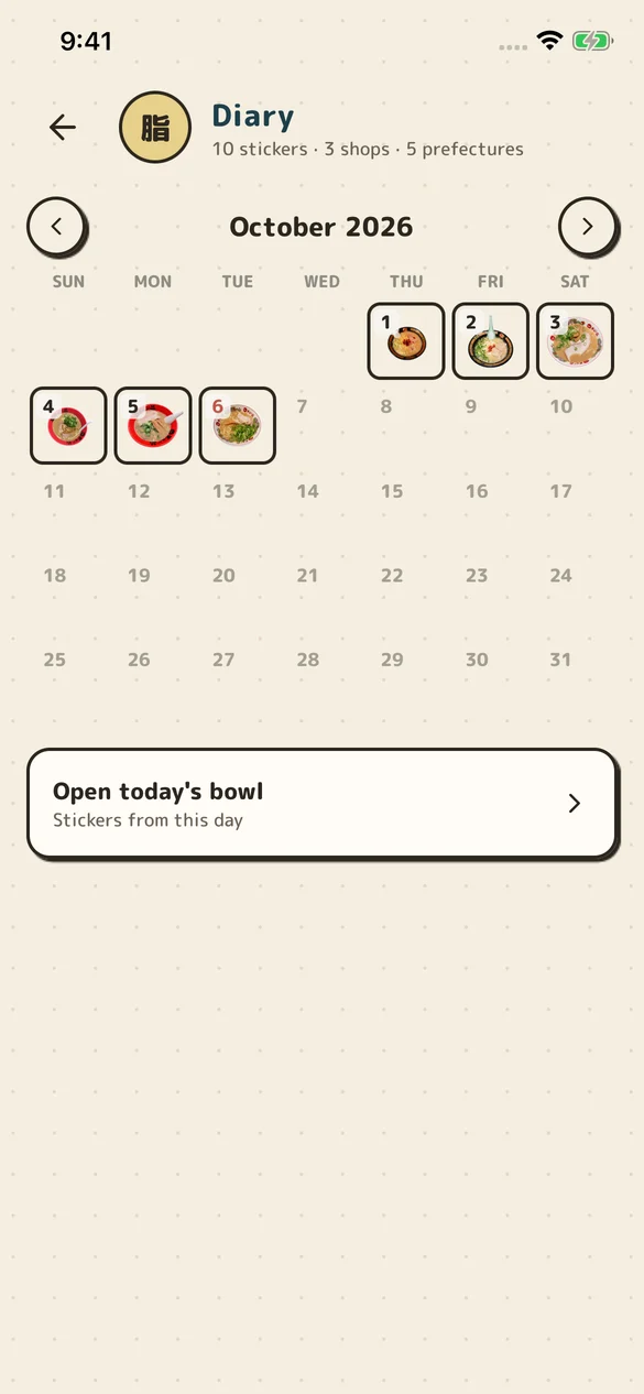 Photo diary calendar for revisiting ramen meals